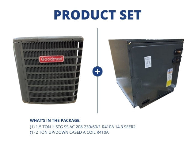 1.5 Ton 1-Stg SS Air Conditioner 208-230/60/1 R410A 14.3 SEER2 with 2 Ton Up/Down Cased A Coil R410A