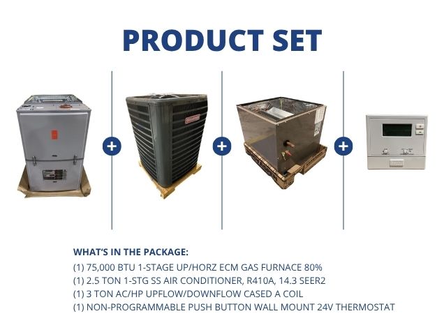 75,000 BTU Up/Horz Gas Furnace 80%, 2.5 Ton SS AC R410A 14.3 SEER2, 3 Ton Up/Down A Coil, Thermostat