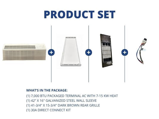 7,000 BTU Packaged Terminal AC W/ 7-15 KW Heat, R-410A, Wall Sleeve, Rear Grille and 30A Connect Kit
