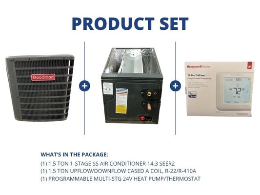 1.5 Ton 1-Stg SS Air Conditioner 14.3 SEER2 with 1.5 Ton Up/Down Cased A Coil and 24V Thermostat