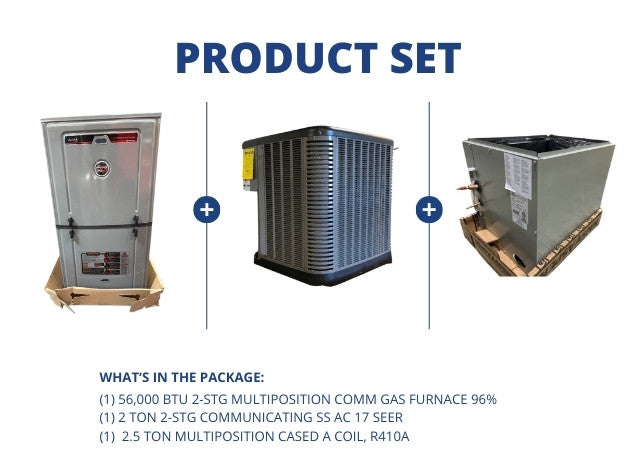 56,000 BTU 2-Stg Comm Gas Furnace 96% with 2 Ton 2-Stg Comm SS AC 17 SEER with 2.5 Ton Cased A Coil