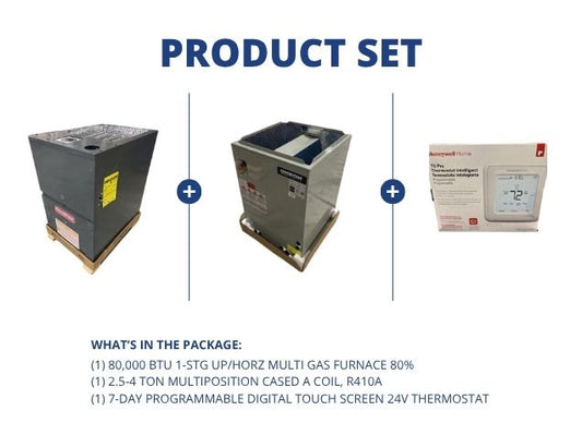 80,000 BTU 1-Stg Up/Horz ECM Multi Gas Furnace 80%, 2.5-4 Ton Multi Cased A Coil with 24V Thermostat