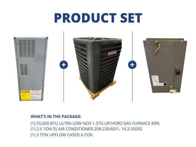 55,000 BTU ULN Up/Horz Gas Furnace 80% with 2.5 Ton SS AC 14.3 SEER2 with 3 Ton Upflow Cased A Coil