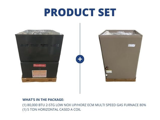 80,000 BTU 2-Stage Low Nox Up/Horz ECM Multi Speed Gas Furnace 80% and 5 Ton Horizontal Cased A Coil