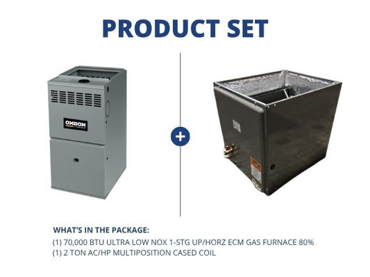 70,000 BTU Ultra Low NOx 1-Stg Up/Horz ECM Gas Furnace 80% with 2 Ton AC/HP Multiposition Cased Coil