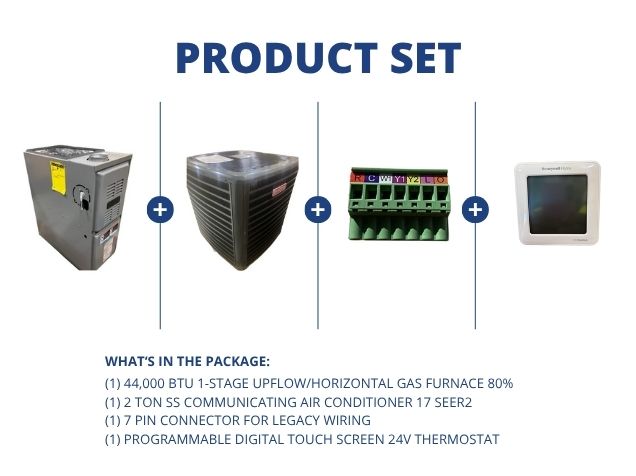 44,000 BTU Up/Horz Gas Furnace 80%, 2 Ton SS Comm AC 17 SEER2, 7 Pin Connector and 24V Thermostat