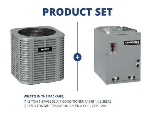 2 Ton 1-Stage SS Air Conditioner R454B 14.3 SEER2 and 1.5-3 Ton Multiposition Cased A Coil, CFM 1200