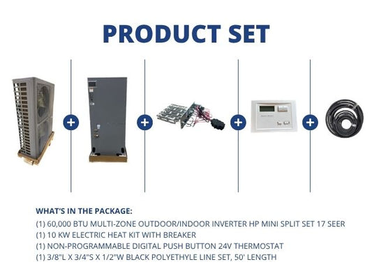 60,000 BTU Outdoor/Indoor Inverter HP Mini Split Set 17 SEER 10KW Heat, 24V Thermostat, 50' Line Set