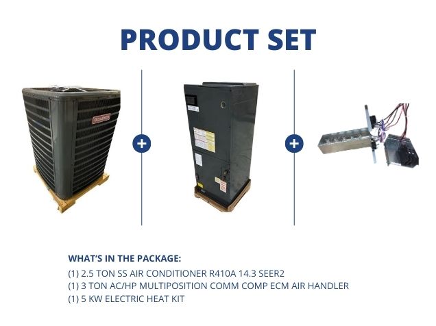 2.5 Ton SS Air Conditioner R410A 14.3 SEER2, 3 Ton Multi Comm Comp ECM Air Handler with 5KW Heat Kit