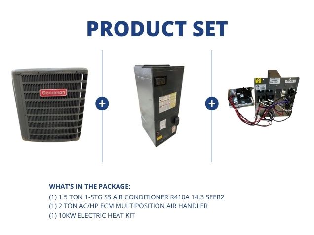1.5 Ton 1-Stg SS AC R410A 14.3 SEER2, 2 Ton AC/HP ECM Multiposition Air Handler and 10kW Heat Kit