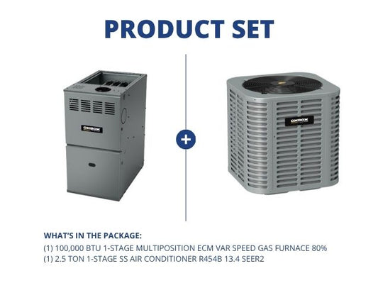 100,000 BTU 1-Stg Multiposition ECM Var Spd Gas Furnace 80% and 2.5 Ton 1-Stg SS AC R454B 13.4 SEER2