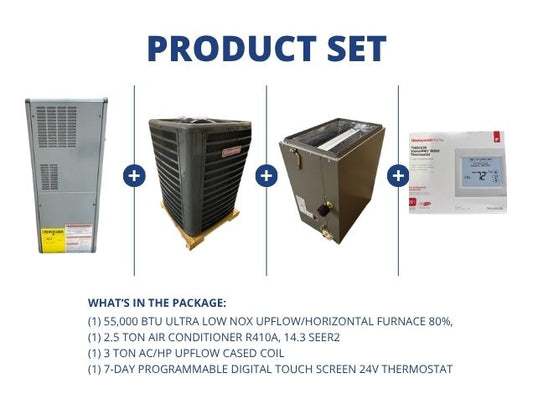 55,000 BTU Ultra Low NOx Up/Horz Furnace 80%, 2.5 Ton AC 14.3 SEER2, 3 Ton Up Cased Coil, Thermostat