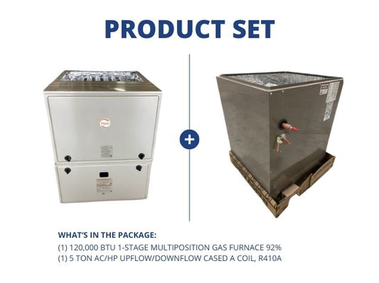 120,000 BTU 1-Stage Multiposition ECM Gas Furnace 92% with 5 Ton AC/HP Up/Down Cased A Coil, R410A