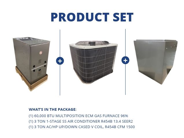60,000 BTU Multi ECM Gas Furnace 92%, 3 Ton SS AC R454B 13.4 SEER2 with 3 Ton Up/Down Cased V Coil