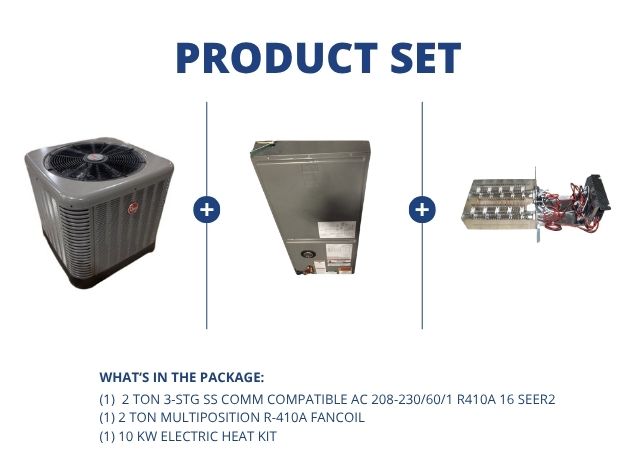 2 Ton SS Comm Compatible AC 16 SEER2, 2 Ton Multiposition R410A Fancoil with 10 kW Electric Heat Kit