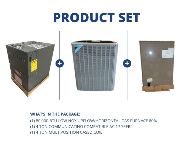 80,000 BTU Low Nox Up/Horz Gas Furnace 80%, 4 Ton Comm Comp AC 17 SEER2 with 4 Ton Multi Cased Coil