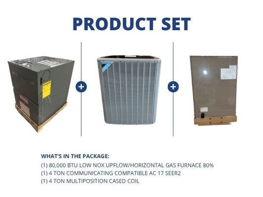 80,000 BTU Low Nox Up/Horz Gas Furnace 80%, 4 Ton Comm Comp AC 17 SEER2 with 4 Ton Multi Cased Coil