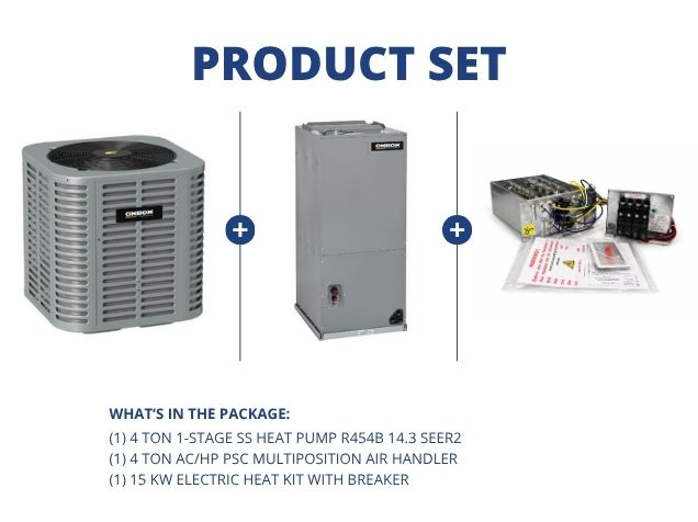 4 Ton 1-Stg SS Heat Pump R454B 14.3 SEER2, 4 Ton AC/HP PSC Multiposition Air Handler with 15KW Heat