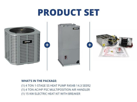 4 Ton 1-Stg SS Heat Pump R454B 14.3 SEER2, 4 Ton AC/HP PSC Multiposition Air Handler with 15KW Heat