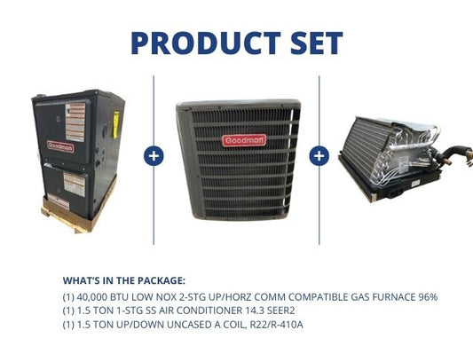 40,000 BTU Low NOx Comm Comp Gas Furnace 96%, 1.5 Ton AC 14.3 SEER2 and 1.5 Ton Up/Down Uncased Coil