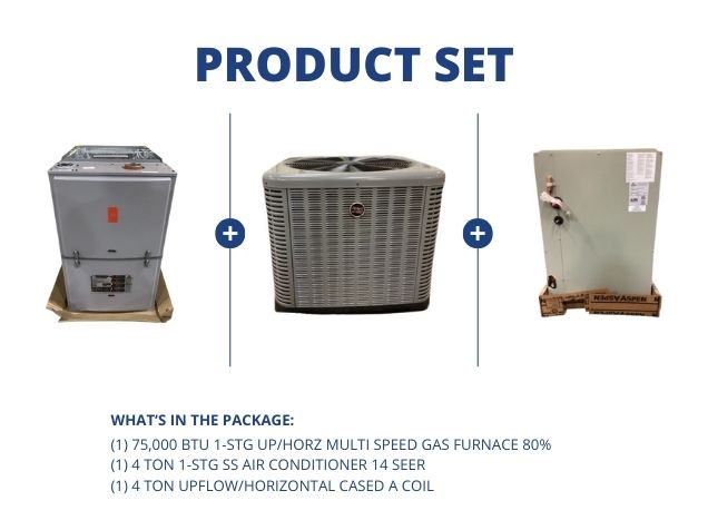 75,000 BTU Up/Horz Gas Furnace 80%, 4 Ton 1-Stg SS AC R410A 14 SEER and 4 Ton Up/Horz Cased A Coil