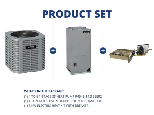 4 Ton 1-Stage SS Heat Pump R454B 14.3 SEER2, 4 Ton AC/HP PSC Multiposition Air Handler with 5KW Heat