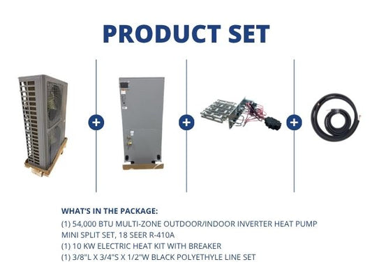 54,000 BTU Multi-Zone Inverter Heat Pump Mini Split Set, 18 SEER R-410A, 10 KW Heat with Line Set