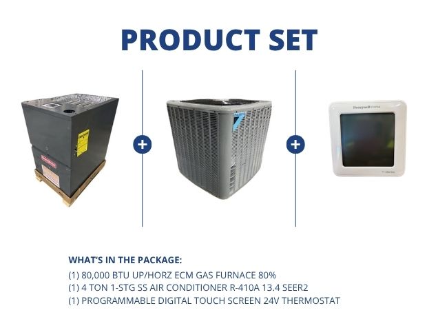 80,000 BTU 1-Stg Up/Horz ECM Gas Furnace 80%, 4 Ton 1-Stg SS AC R-410A 13.4 SEER2 and 24V Thermostat