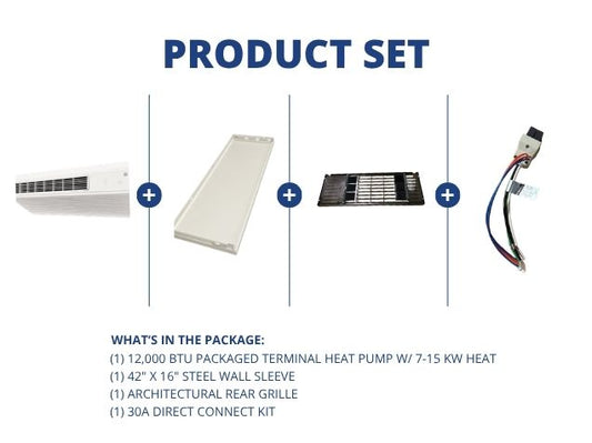 12,000 BTU Packaged Terminal HP W/7-15 KW Heat, R-410A, Wall Sleeve, Rear Grille and 30A Connect Kit