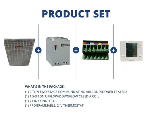2 Ton 2-Stg SS Comm AC 17 SEER2, 1.5-3 Ton Up/Down Cased A Coil, 7 Pin Connector and 24V Thermostat