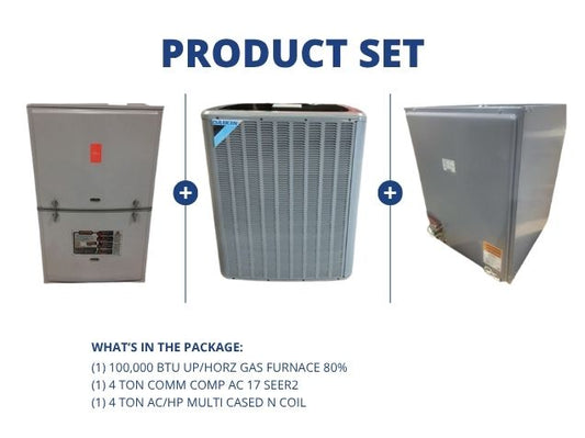 100,000 BTU Up/Horz Gas Furnace 80%, 4 Ton Comm Comp AC 17 SEER2 with 4 Ton AC/HP Multi Cased N Coil