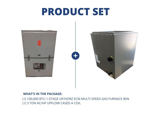 100,000 BTU Single-Stage Up/Horz ECM Multi Speed Gas Furnace 80% and 3 Ton AC/HP Upflow Cased A Coil