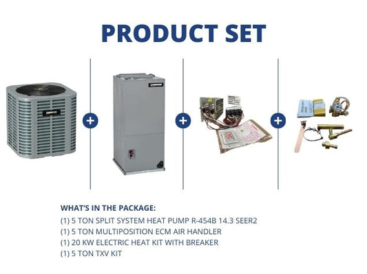 5 Ton SS HP R454B 14.3 SEER2, 5 Ton Multi Air Handler, 20KW Heat Kit with Breaker and 5 Ton TXV Kit