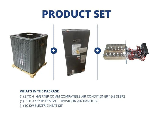 5 Ton Inverter Comm Comp AC 19.5 SEER2, 5 Ton AC/HP ECM Multiposition Air Handler and 10 kW Heat Kit