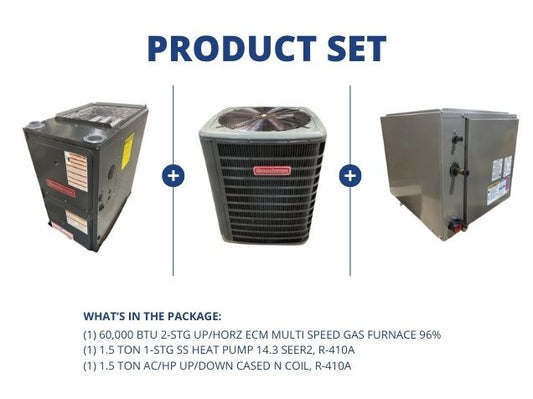 60,000 BTU 2-Stg Up/Horz Gas Furnace 96%, 1.5 Ton SS HP 14.3 SEER2 with 1.5 Ton Up/Down Cased N Coil