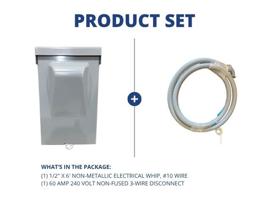1/2" X 6' Non-Metallic Electrical Whip, #10 Wire With 60 Amp 240 Volt Non-Fused 3-Wire Disconnect