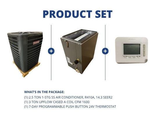 2.5 Ton 1-Stg SS Air Conditioner, R410A, 14.3 SEER2, 3 Ton Upflow Cased A Coil with 24V Thermostat