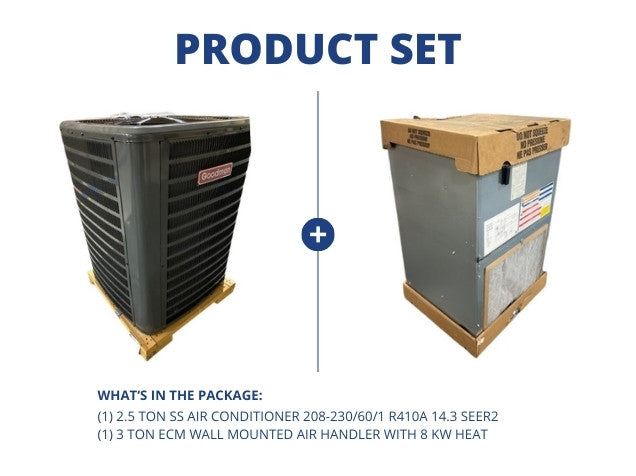 2.5 Ton SS Air Conditioner R410A, 14.3 SEER2 with 3 Ton ECM Wall Mounted Air Handler With 8 KW Heat