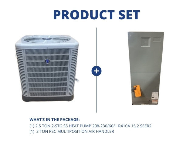 2.5 Ton 2-Stg SS Heat Pump 208-230/60/1 R410A 15.2 SEER2 with 3 Ton PSC Multiposition Air Handler