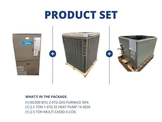60,000 BTU 2-Stg Gas Furnace 96%, 2.5 Ton 1-Stg SS Heat Pump 14 SEER and 2.5 Ton Multi Cased A Coil