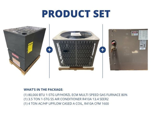 80,000 BTU Up/Horz ECM Multi Gas Furnace 80%, 3.5 Ton SS AC 13.4 SEER2 and 4 Ton Upflow Cased A Coil