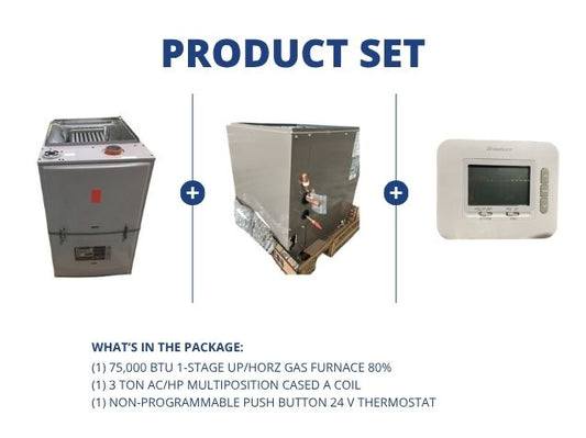 75,000 BTU 1-Stg Up/Horz Gas Furnace 80%, 3 Ton AC/HP Multiposition Cased A Coil with 24V Thermostat