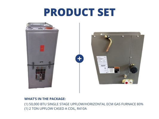 50,000 BTU Single Stage Upflow/Horizontal ECM Gas Furnace 80% with 2 Ton Upflow Cased A Coil, R410A