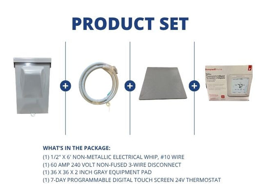 1/2" X 6' Electrical Whip with 60A 240V 3-Wire Disconnect, Gray Equipment Pad, and 24V Thermostat