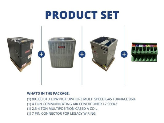 80,000 BTU Low NOx Up/Horz ECM Gas Furnace 96%, 4 Ton Comm AC 17 SEER2, 2.5-4 Ton Multi Cased Coil
