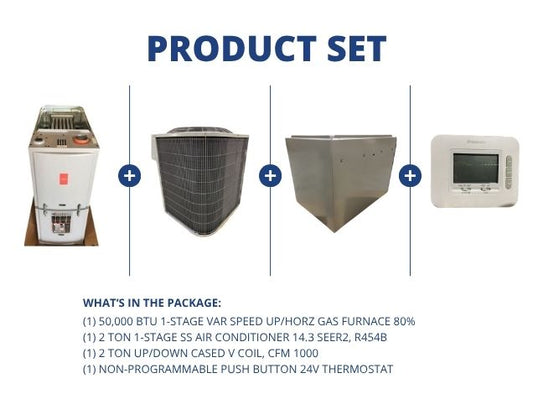 50,000 BTU Up/Horz Gas Furnace 80%, 2 Ton SS AC 14.3 SEER2, 2 Ton Up/Down Cased Coil, 24V Thermostat