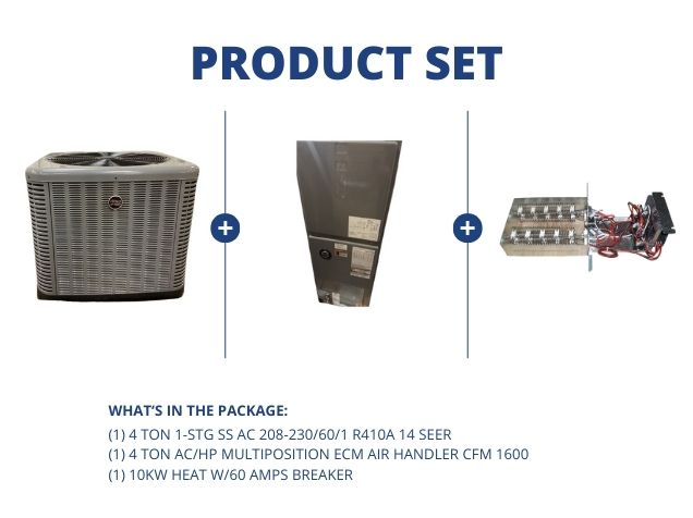 4 Ton 1-Stg SS AC 14 SEER, 4 Ton AC/HP Multiposition ECM Air Handler and 10Kw Heat w/60Amps Breaker