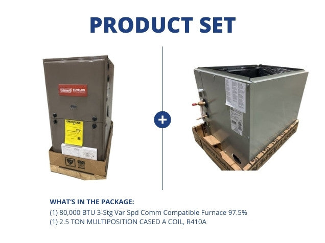 80,000 BTU 3-Stg Var Spd Comm Compatible Furnace 97.5% and 2.5 Ton Multiposition Cased A Coil, R410A