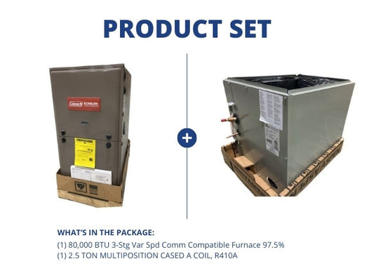 80,000 BTU 3-Stg Var Spd Comm Compatible Furnace 97.5% and 2.5 Ton Multiposition Cased A Coil, R410A