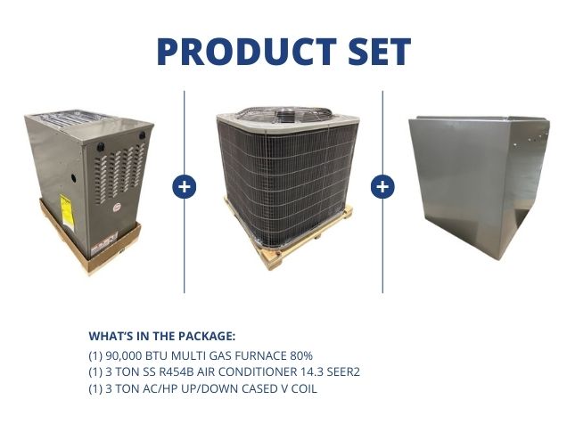 90,000 BTU Multi Gas Furnace 80%, 3 Ton SS R454B AC 14.3 SEER2 with 3 Ton AC/HP Up/Down Cased V Coil